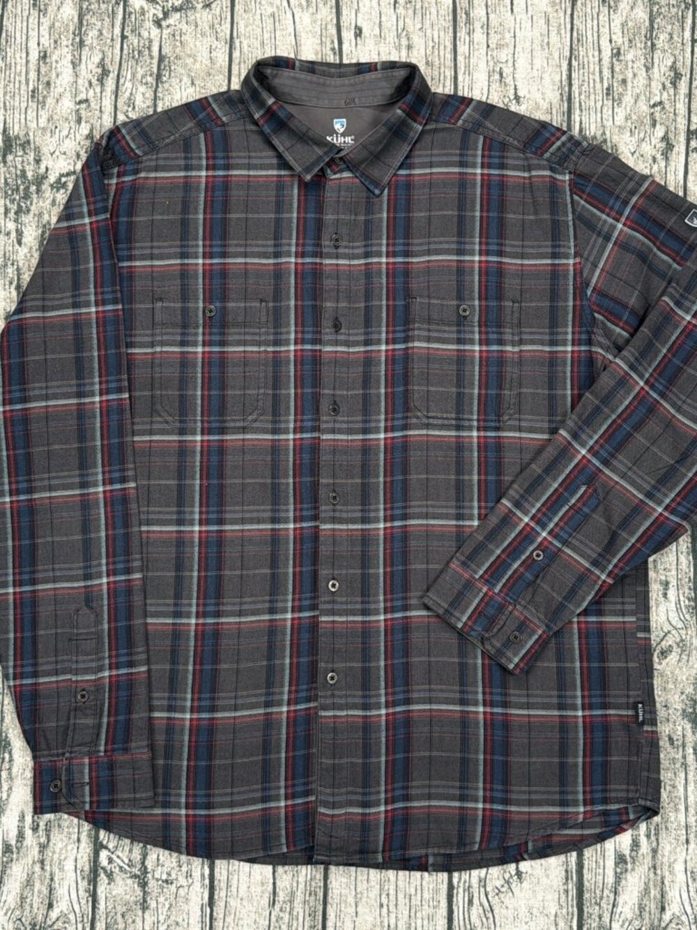 Kühl Men's XL Plaid Flannel Button-Up Shirt Gray Cotton Tencel